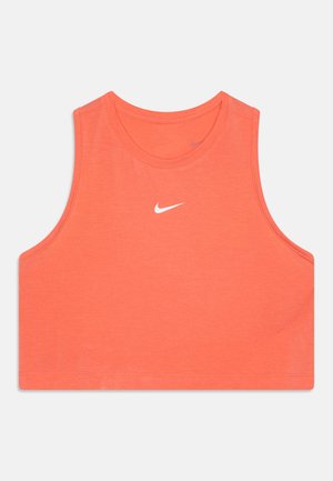 Lysende korallfarget ermeløs topp, laget av lett materiale. Har rund hals og en liten hvit Nike-logo på forsiden.