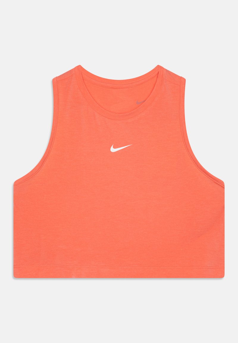 Kirkas korallinvärinen hihaton cropped-toppi, valmistettu kevyestä kankaasta. Ominaisuuksiin kuuluu pyöreä pääntie ja pieni valkoinen Nike-logo edessä.