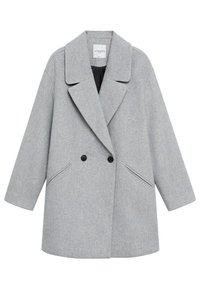 Szary, dwurzędowy płaszcz z szerokimi klapami, wyposażony w dwa czarne guziki, boczne kieszenie oraz usztywnioną, teksturowaną tkaninę.