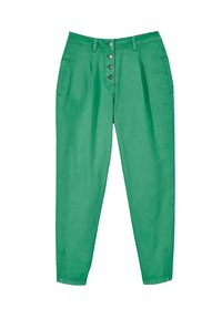 Grüne Leinenhose mit schmalem Schnitt, hoher Taille, fünf Knopfverschluss und seitlichen Taschen zur Aufbewahrung.