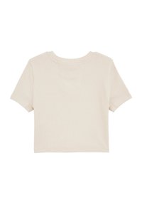 Rövid ujjú, bézs bordázott crop top, kerek nyakkivágással és egy apró folttal a hátsó részen. Simaság, testhezálló design, enyhe rugalmasság.