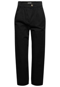 Pantalon noir en mélange de coton, avec une taille haute, des plis à l'avant, une fermeture à un bouton, et des jambes fuselées.