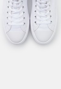Paire de baskets en toile blanche propres avec des lacets blancs et des embouts en caoutchouc vues de dessus sur fond blanc.