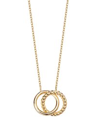 Złoty naszyjnik z delikatnym łańcuszkiem, z dwoma splecionymi pierścieniami: jednym gładkim, a drugim w designie skręconym.