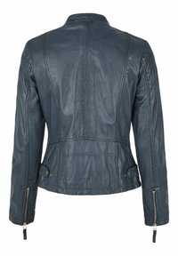 Dunkelblaue Lederjacke mit tailliertem Design, vertikalen Nähten, Reißverschlüssen an den Ärmelabschlüssen und Druckknopfverschlüssen an den Seitentaschen. Glatte Textur.