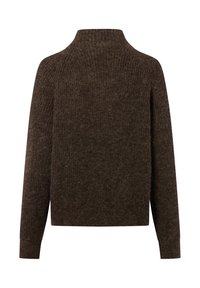 Brauner, flauschiger Strickpullover mit langen Ärmeln und hohem, geripptem Kragen, von hinten vor einem weißen Hintergrund gezeigt.