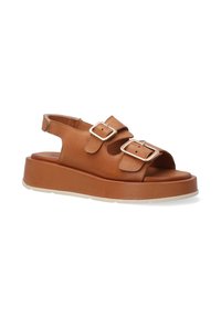 Braune Ledersandalen mit zwei verstellbaren Schnallenriemen, offenes Zehen-Design und einer klobigen Plattformsohle. Strukturierte Oberfläche und hellbraune Akzentfarbe.