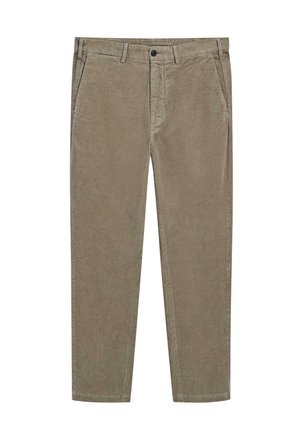 Khaki corduroy broek met rechte pijpen, voorzien van zijzakken, een ritssluiting en een enkele knoopsluiting. Zachte textuur met fijne ribbels.