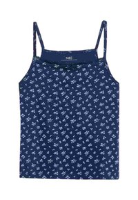 Camiseta de tirantes finos en azul marino, con un patrón floral en blanco y azul claro. Tejido suave con un diseño ajustado y un detalle de lazo en la parte delantera.