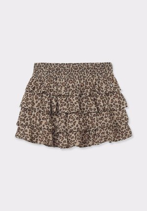 Mini falda de estampado de leopardo con cintura fruncida, que presenta múltiples capas rizadas en tonos marrones y beiges. Tejido ligero.