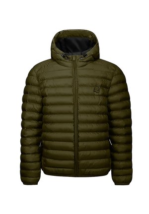 Giacca imbottita verde oliva con chiusura a zip, cappuccio e design aderente. Presenta un trapuntato orizzontale e un piccolo logo sul petto.
