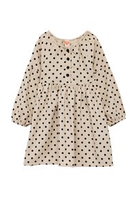 Beige mekko, jossa on mustia pilkkuja, pyöreä pääntie, täysipitkät hihat ja kootut vyötärölinja, jossa on nappisuljenta edessä. Pehmeä kankaan rakenne.