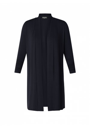 Lange, open voorkardigan in marineblauw. Gemaakt van zachte, lichtgewicht stof. Heeft 3/4 mouwen en een relaxte pasvorm.