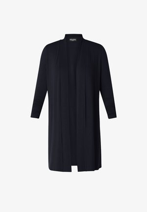 Lange, open voorkardigan in marineblauw. Gemaakt van zachte, lichtgewicht stof. Heeft 3/4 mouwen en een relaxte pasvorm.