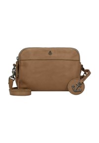Borsa a tracolla in pelle marrone con chiusura a zip, tasca frontale e un charm a forma di ancora. Dotata di una tracolla removibile.