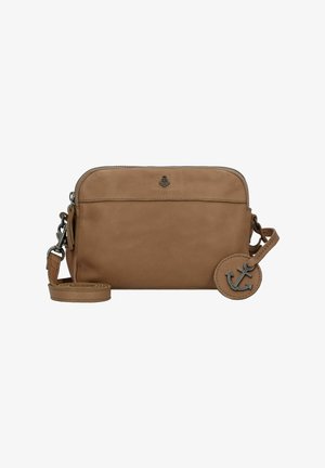 Borsa a tracolla in pelle marrone con chiusura a zip, tasca frontale e un charm a forma di ancora. Dotata di una tracolla removibile.