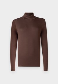 Bruine langarm turtleneck-top gemaakt van een gladde, rekbare stof. Heeft een hoge hals en een getailleerde pasvorm, met een nette zoom.