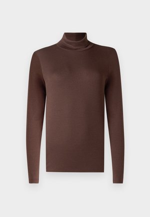 Bruine langarm turtleneck-top gemaakt van een gladde, rekbare stof. Heeft een hoge hals en een getailleerde pasvorm, met een nette zoom.
