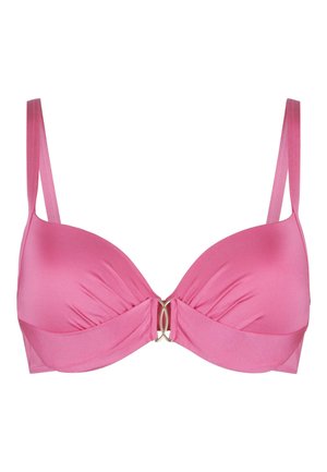 Roze bh met gewatteerde cups, gladde textuur, plooidetail in het midden en goudkleurige ronde hardware aan de voorkant. Verstelbare banden.