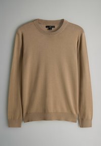 Beiger Rundhals-Pullover aus weichem Stoff, mit langen Ärmeln und gerippten Abschlüssen. Einfaches Design ohne Muster oder Verzierungen.