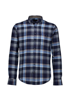 Camicia a maniche lunghe con bottoni, motivo a quadri blu, nero, bianco e grigio e una tasca sul petto con bottone singolo.