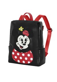 Sac à dos noir avec un grand design de visage de Minnie Mouse, accentué de pois rouges, avec des bretelles rouges et une finition lisse.