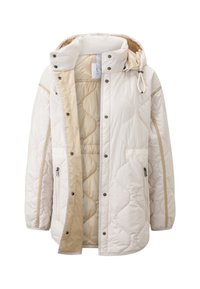 Puffet beige og creme jakke med hætte, trykknaplukninger, dobbelt side lommer og kontrasterende inderfor. Glat, syntetisk materiale.