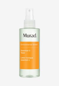 Toner Essential-C Murad Environmental Shield dans une bouteille transparente avec un vaporisateur. L'étiquette présente des accents orange et un texte noir sur un fond givré.