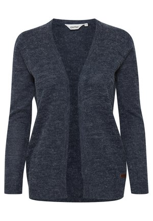 Cardigan de un navy închis, confecționat dintr-un material tricotat texturat, cu deschidere frontală, mâneci lungi și o mică etichetă logo în colțul din dreapta jos.