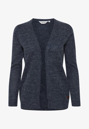 Cardigan di un blu navy scuro realizzato in tessuto a maglia testurizzata, con apertura frontale, maniche lunghe e una piccola etichetta con logo in basso a destra.