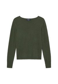Grüner Pullover aus weichem Strickstoff. Mit langen Ärmeln, rundem Halsausschnitt und cropped Schnitt. Keine auffälligen Muster oder Akzente.