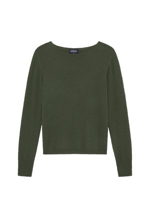 Green sweater made from soft knit fabric. Features long sleeves, a round neckline, and a cropped cut. No notable patterns or accents.