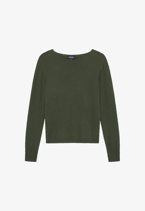 Suéter verde hecho de suave tejido de punto. Presenta mangas largas, un escote redondo y un corte cropped. Sin patrones o acentos notables.