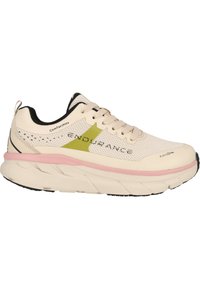 Scarpa da corsa beige con tomaia in rete, dettagli neri e logo verde. Presenta una suola spessa bianca con intersuola rosa e battistrada nero.