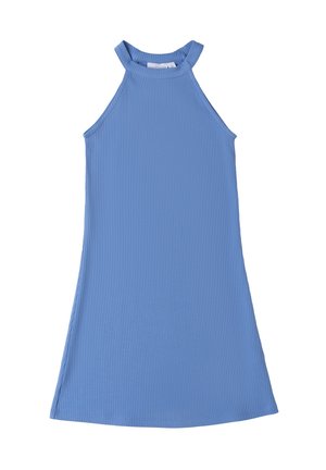 Vestido azul claro de canalé con un escote alto y diseño sin mangas. La tela tiene una textura suave y presenta un cuerpo ajustado y una falda acampanada.