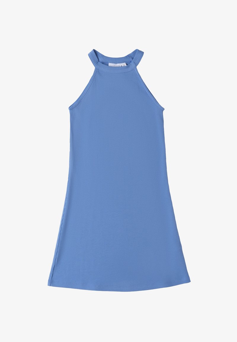 Hellblau gestreiftes Kleid mit hohem Kragen und ärmellosem Design. Der Stoff hat eine glatte Textur und zeigt ein eng anliegendes Oberteil sowie einen ausgestellten Rock.