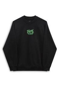 Sweat-shirt noir en tissu doux ; il présente un col rond et des manches longues. L'avant affiche un texte brodé en vert avec le nom de la marque.