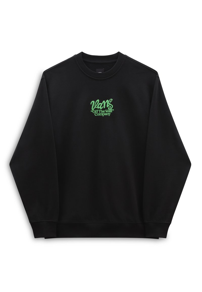 Sweat-shirt noir en tissu doux ; il présente un col rond et des manches longues. L'avant affiche un texte brodé en vert avec le nom de la marque.