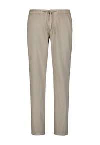 Beige, rechte broeken van lichte stof, met een elastische tailleband met trekkoord en zijzakken. Gladde textuur.