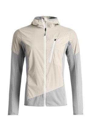 Hellbeige-graue, mit Reißverschluss versehene Kapuzenjacke mit langen Ärmeln, Brusttasche mit Reißverschluss und strukturiertem Stoff an Ärmeln und unterem Bereich.