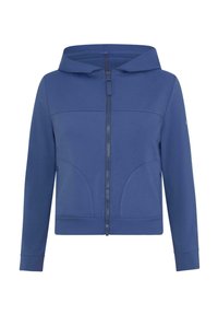 Blå zip-up hoodie i mjukt material, med en huva, två framfickor och sömnadsdetaljer. Slät yta och avslappnad passform.