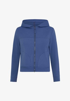 Niebieska bluza zapinana na zamek, wykonana z miękkiego materiału, z kapturem, dwoma przednimi kieszeniami oraz detalami przeszyciami. Gładka tekstura i luźny krój.