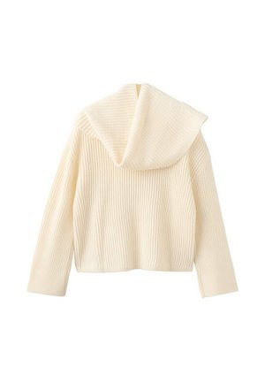 Pull court en tricot blanc cassé avec un motif côtelé texturé, une capuche surdimensionnée et des manches longues.