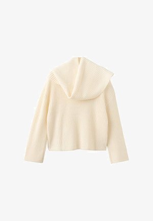 Pulover tricotat scurt, de culoare alb-crem, cu un model texturat în dungi rib, glugă supradimensionată și mâneci lungi.