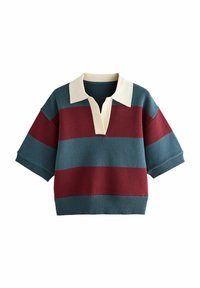Sweter z krótkim rękawem w paski w kolorze teal i burgundowym, z kremowym kołnierzykiem polo. Wykonany z miękkiego materiału dzianinowego, z ribbowanym dołem i mankietami.