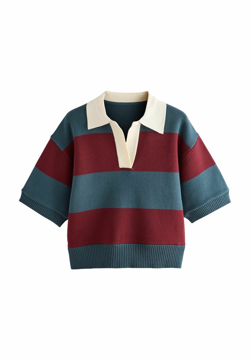Sweter z krótkim rękawem w paski w kolorze teal i burgundowym, z kremowym kołnierzykiem polo. Wykonany z miękkiego materiału dzianinowego, z ribbowanym dołem i mankietami.