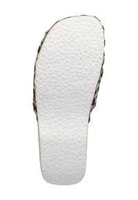 White textured sole with circular patterns, edged by a brown and black animal-print fabric upper. Size marked as 37 on the bottom.