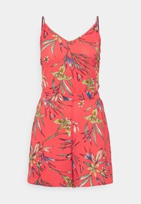 Mono de tirantes finos con estampado floral; presenta un escote en V y una cintura ajustada. Confeccionado en una tela liviana con colores vibrantes.
