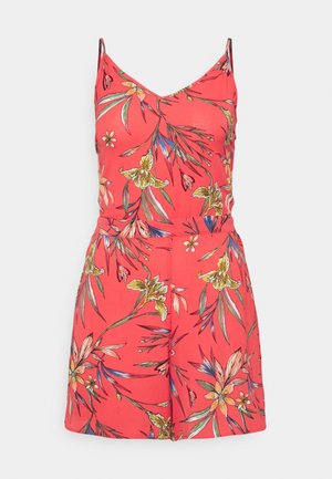 Mono de tirantes finos con estampado floral; presenta un escote en V y una cintura ajustada. Confeccionado en una tela liviana con colores vibrantes.