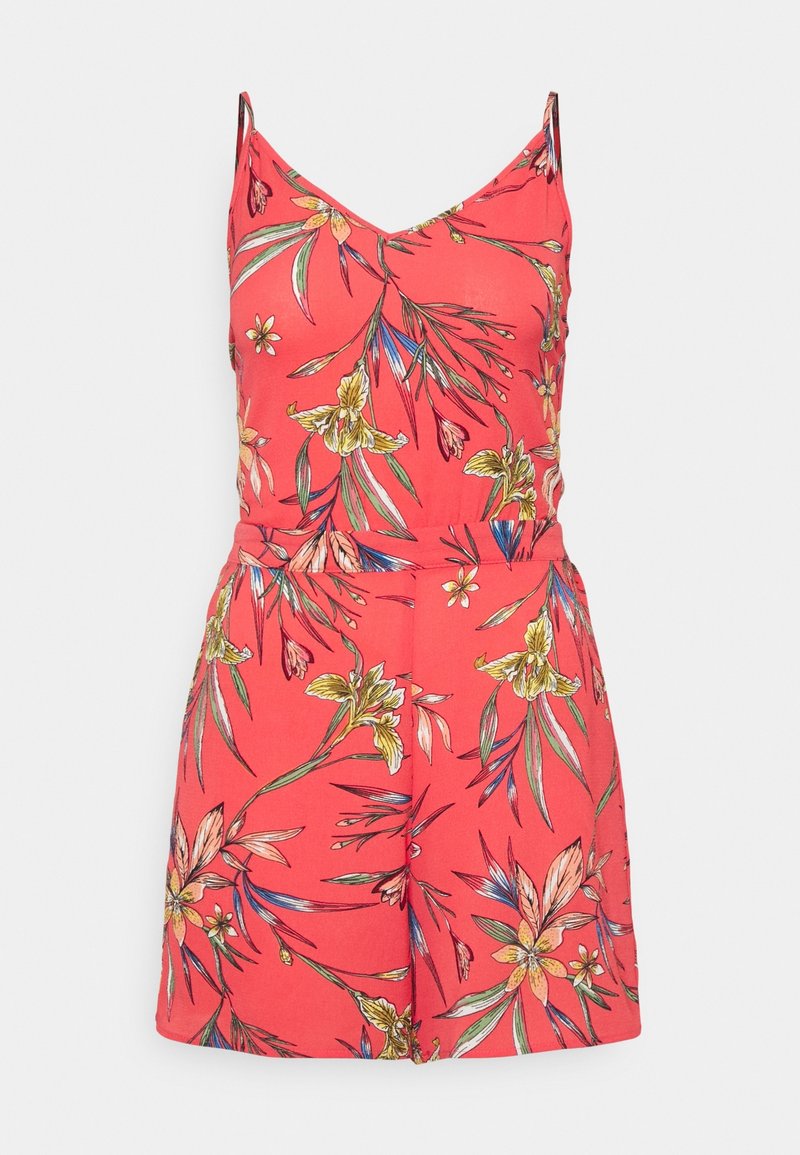 Mono de tirantes finos con estampado floral; presenta un escote en V y una cintura ajustada. Confeccionado en una tela liviana con colores vibrantes.